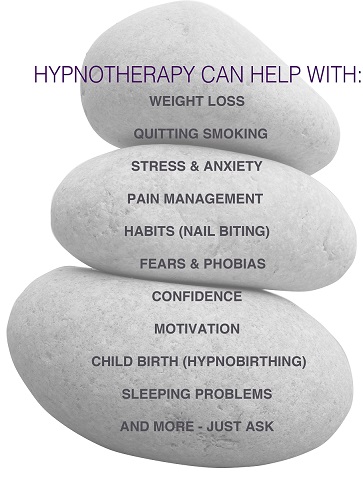 Hypnotherapy can help with weight loss, quitting smoking, stress & anxiety, pain management, habits (nail biting), fears & phobias, confidence, motivation, child birth (hypnobirthing), sleeping problems
